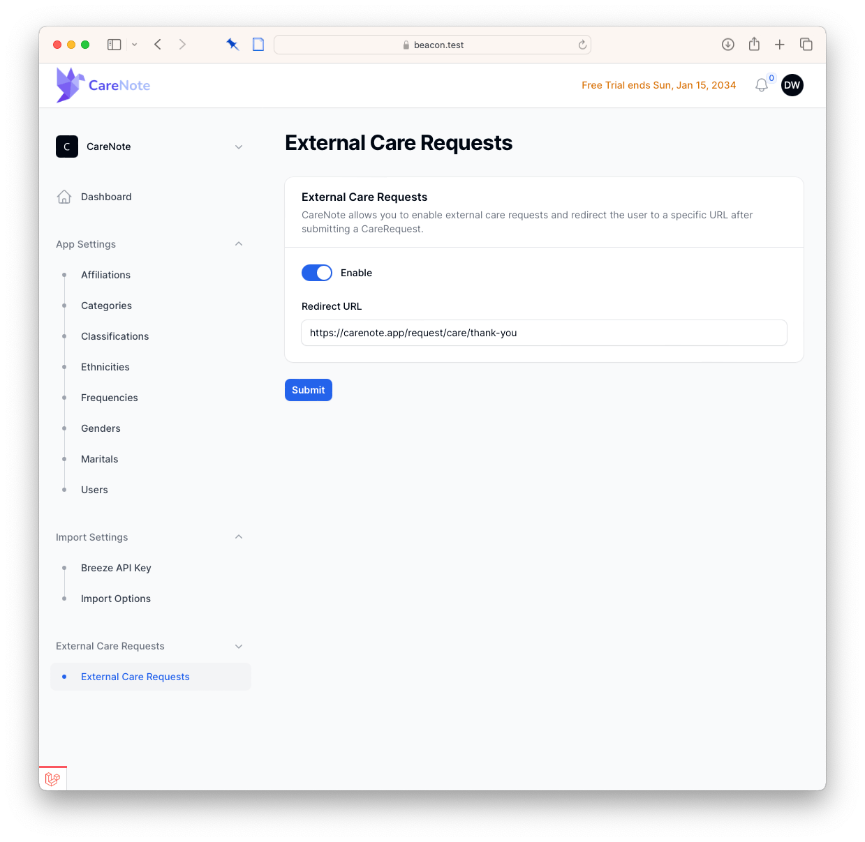 Activating External Care Requests in CareNote: A Guide