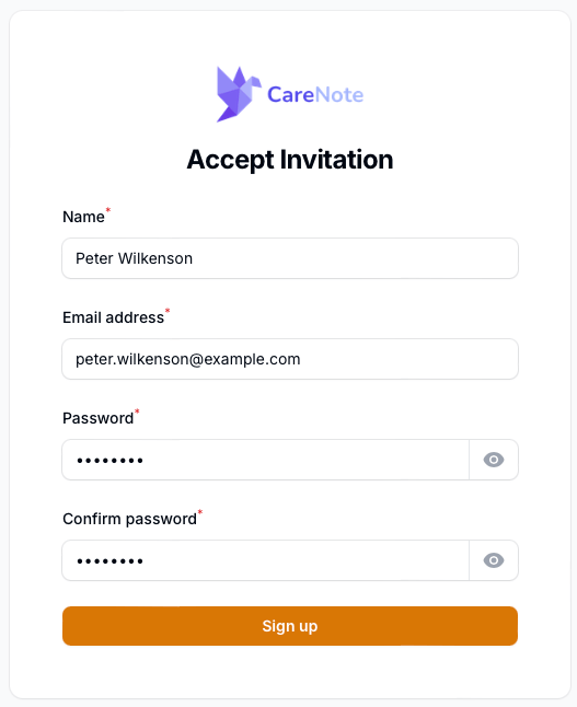 Screenshot of the CareNote account setup page with fields for entering name, email address, password, and password confirmation under the 'Accept Invitation' heading.