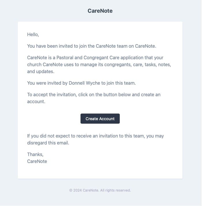 Screenshot of a CareNote invitation email stating the recipient has been invited to join the CareNote team, with details about the app and a 'Create Account' button.