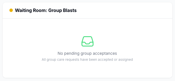 Waiting Room widget showing no pending group acceptances with green envelope icon and message about accepted or assigned requests