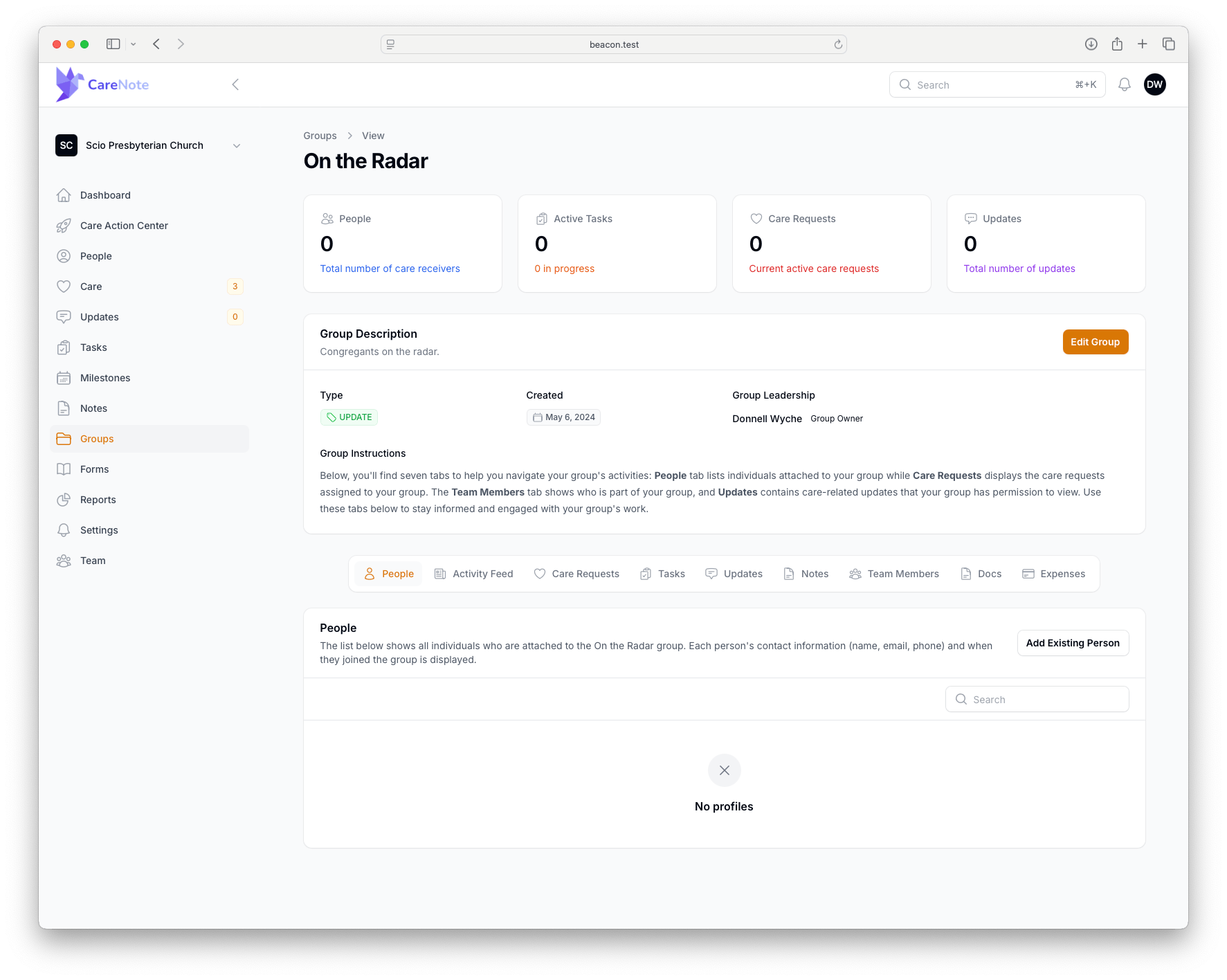 CareNote dashboard for Sonia Wyche showing 1 active care request, group assignments, recent updates, and upcoming tasks.