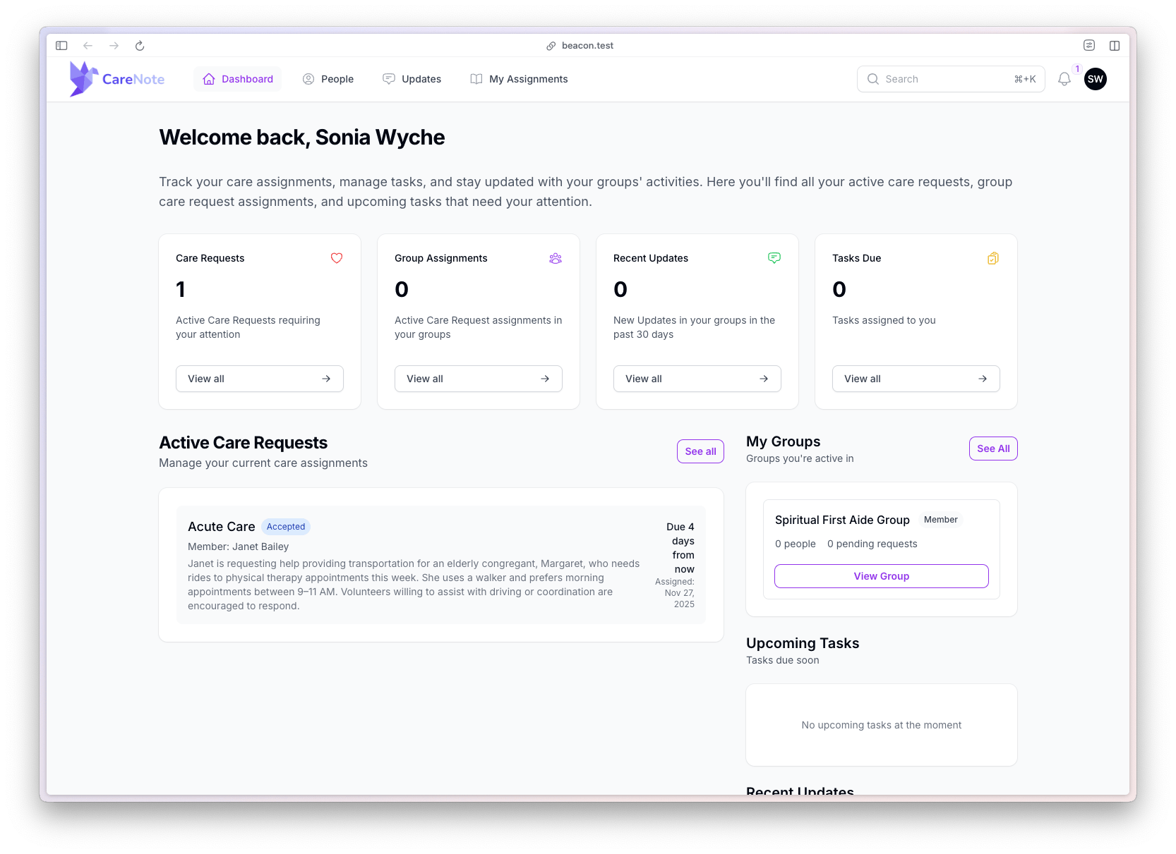 CareNote Groups page displaying On the Radar group with empty People, Active Tasks, Care Requests, and Updates counters.
