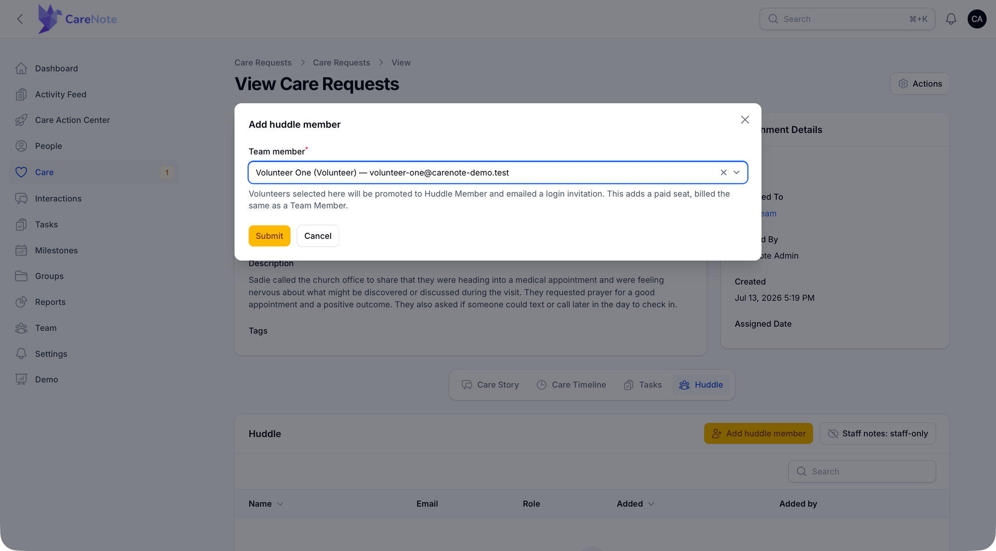 Add huddle member modal with a Volunteer selected in the Team member field