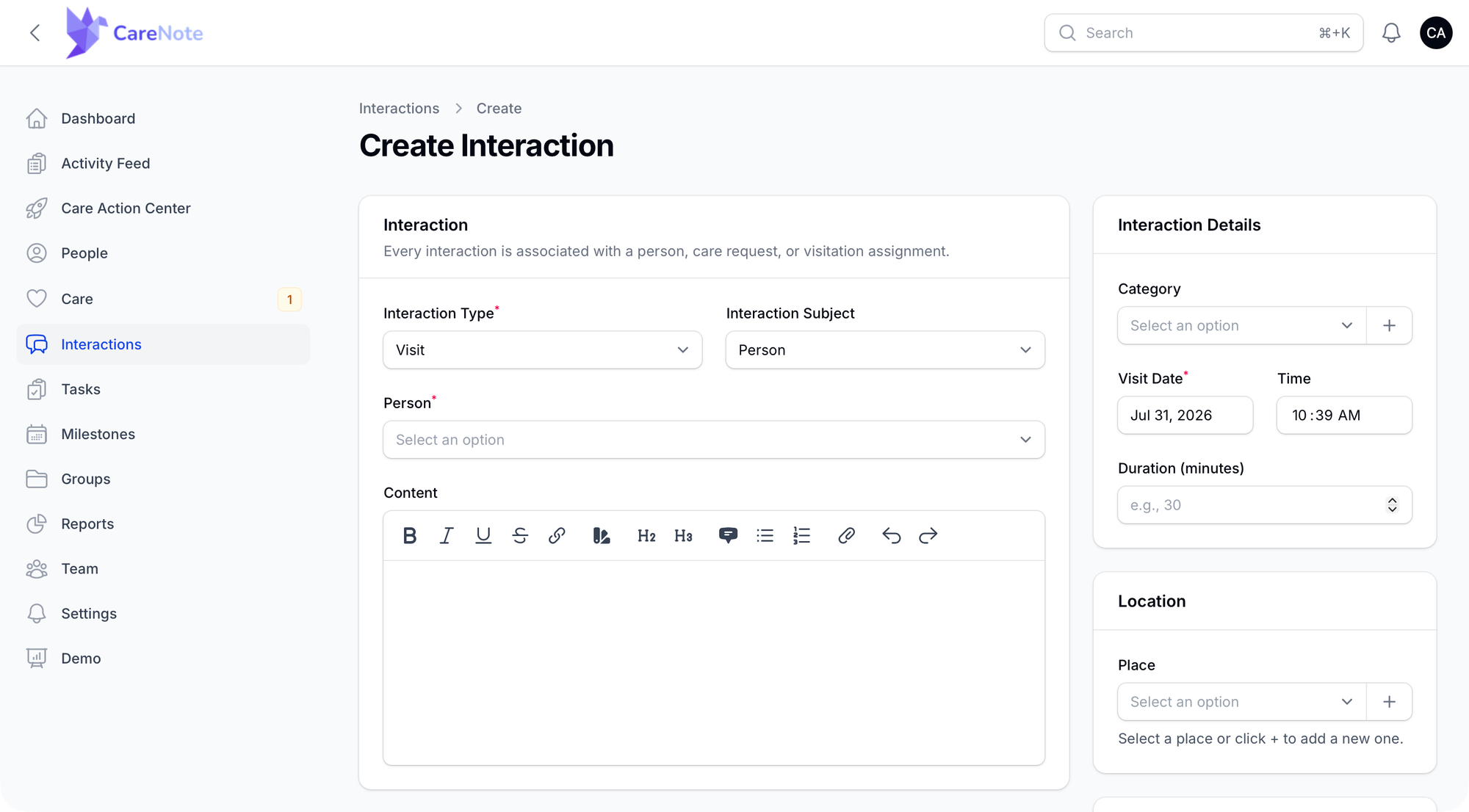 The Interaction Subject dropdown, with Person selected and Couple and Household available