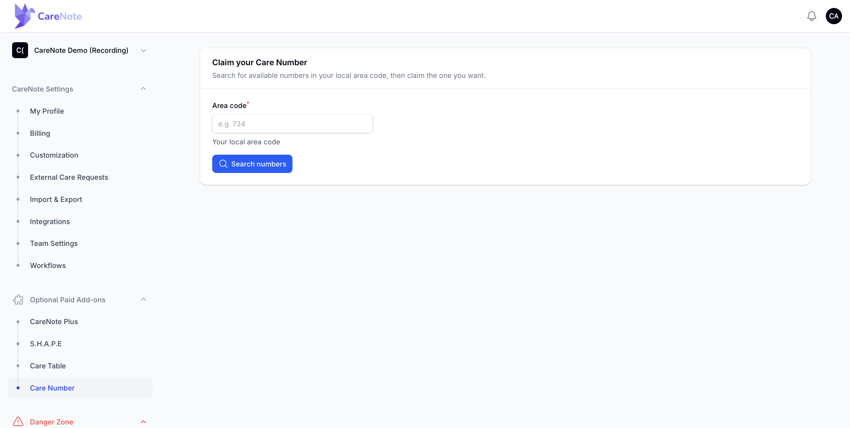 Before you have a number, the page invites you to search your area code and claim one