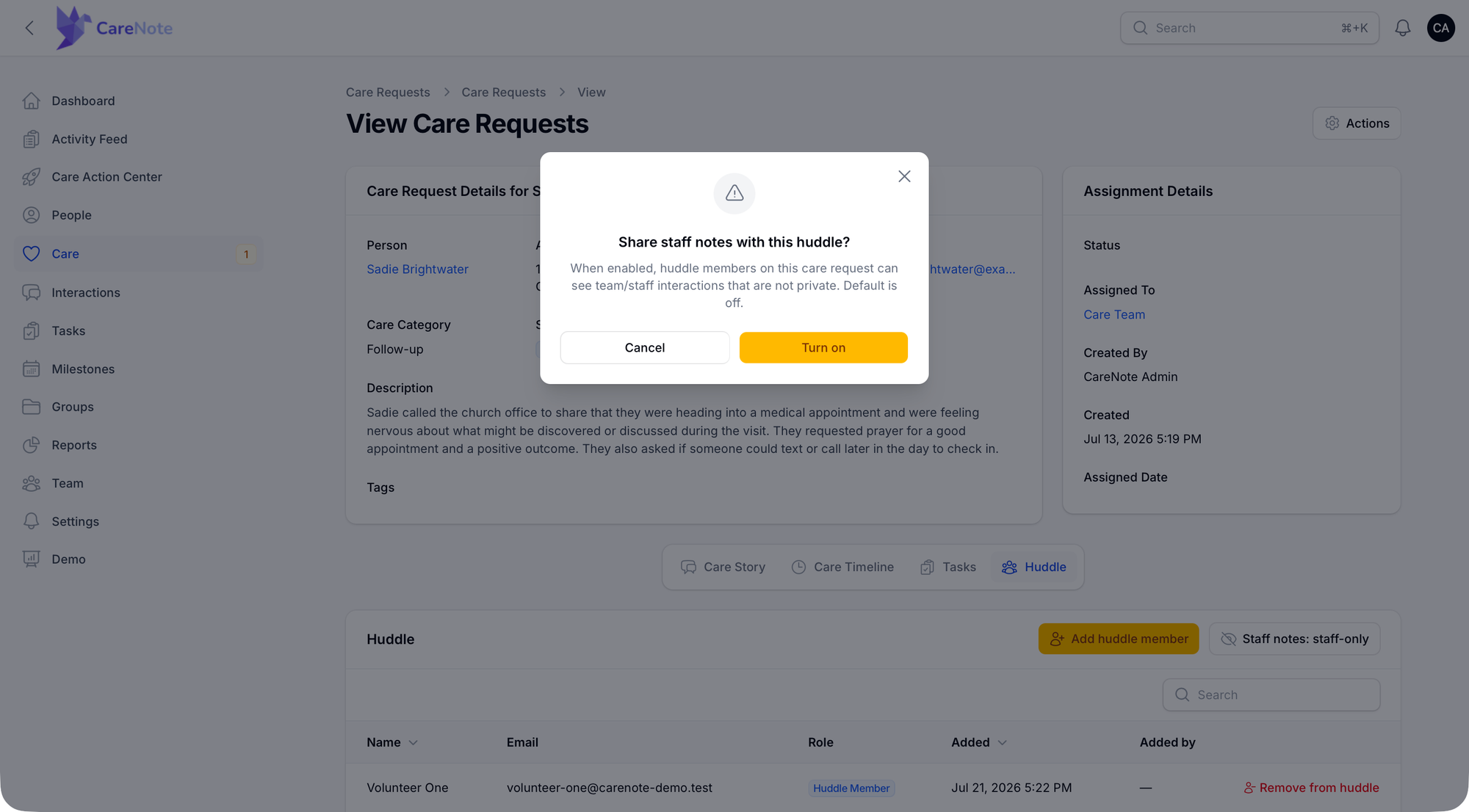 Confirmation dialog for turning on staff notes sharing for this care request