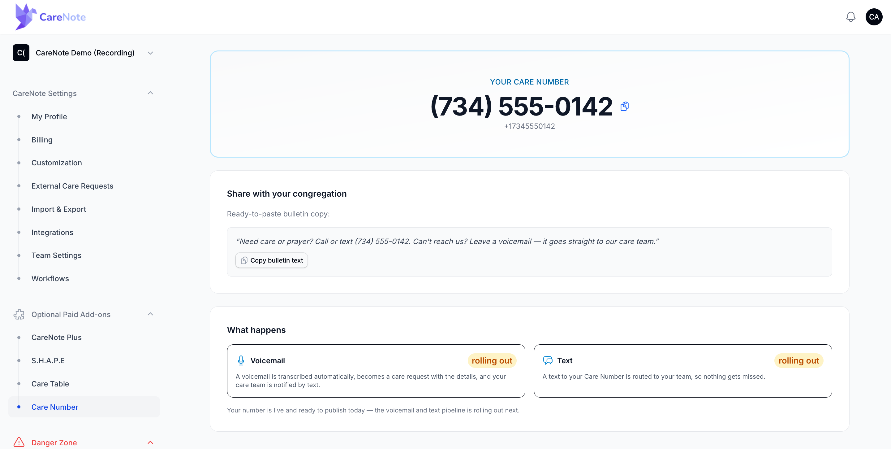Once your number is active, CareNote shows it in large type with a one-click copy button and ready-to-paste bulletin wording
