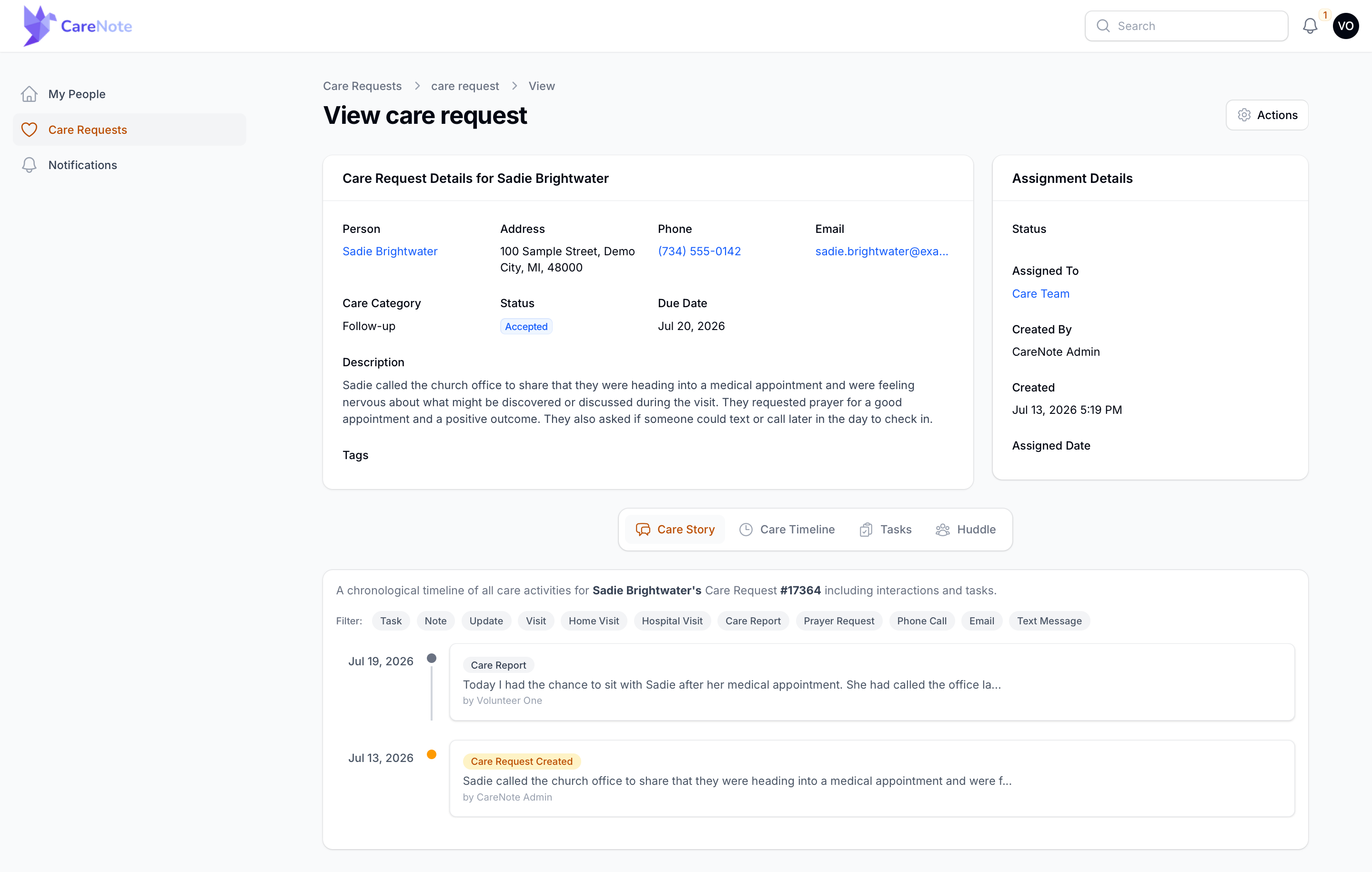 A Huddle User's Care Timeline for the same care request, with staff-only entries filtered out