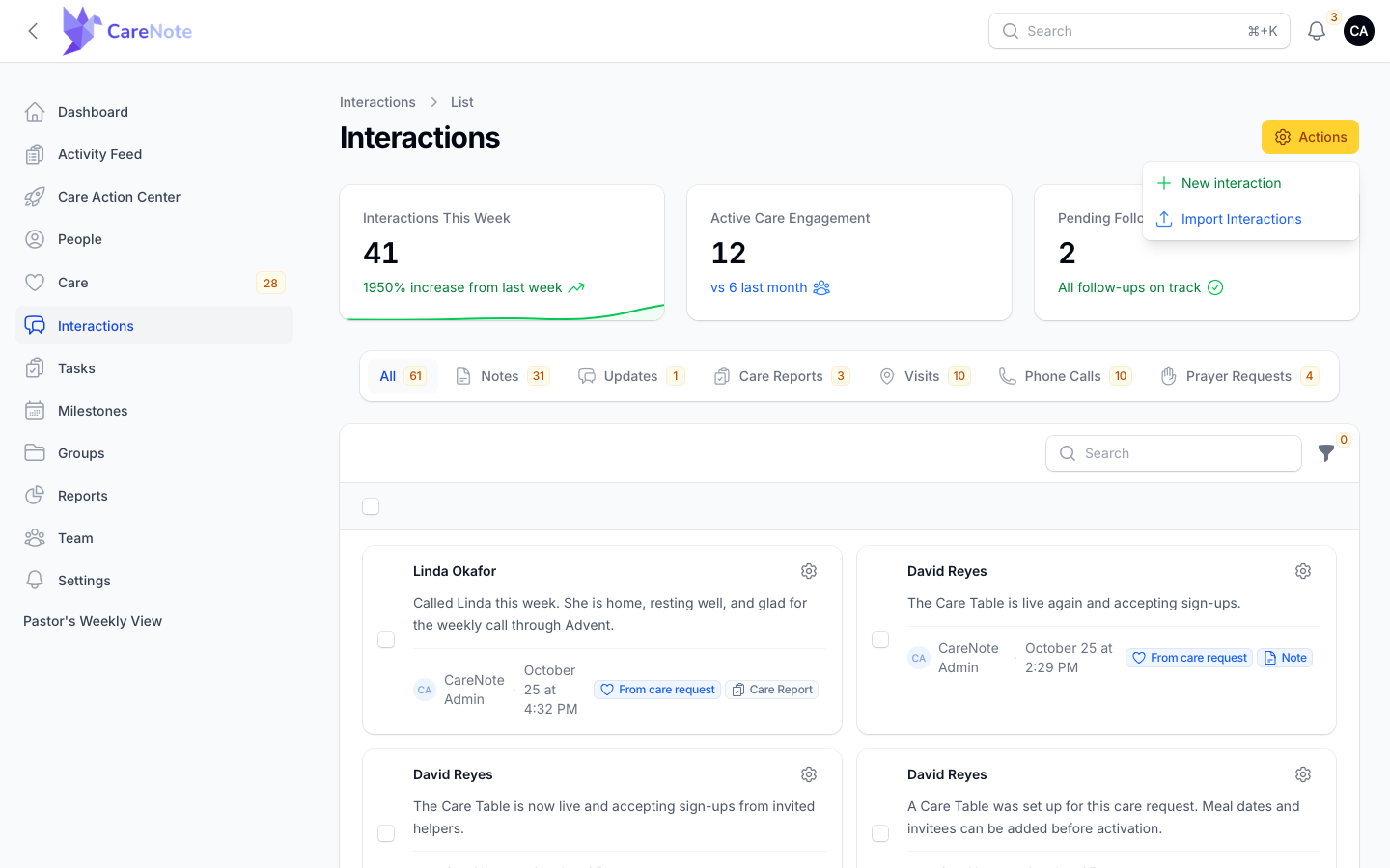 The Interactions list with the gear Actions menu open, showing New interaction and Import Interactions