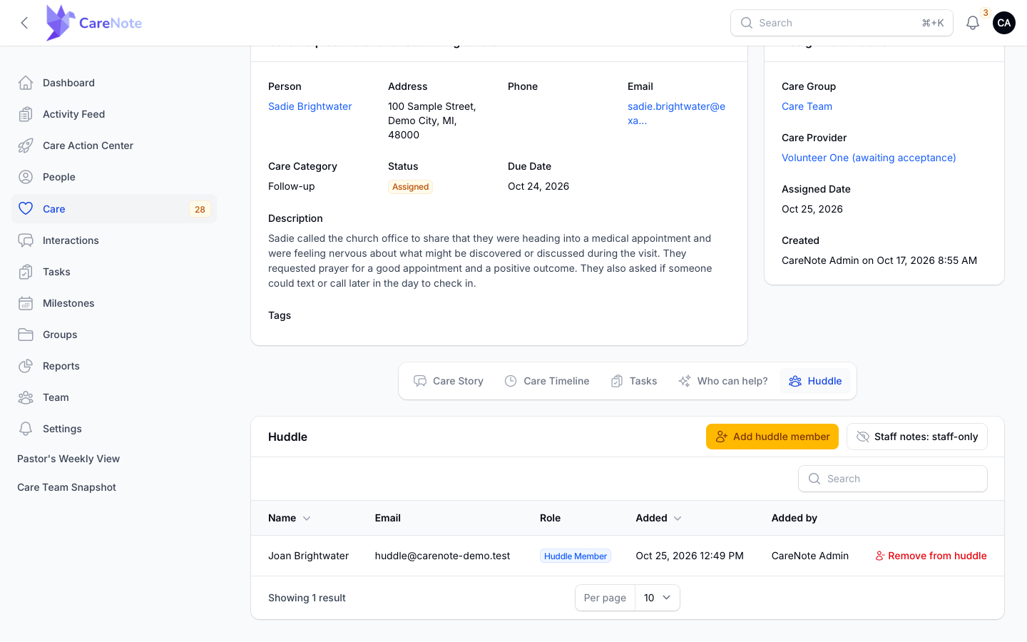The Huddle tab on a care request with its roster and the Add huddle member and Staff notes buttons