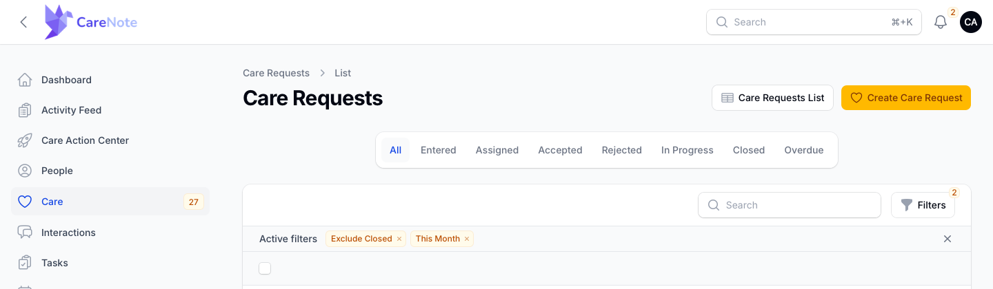 The Care Requests list with the Create Care Request button at the top right