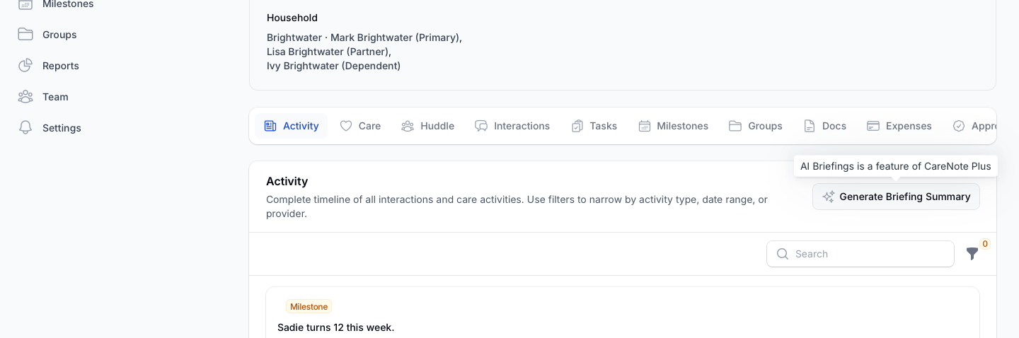 The gray Generate Briefing Summary button on a profile's Activity tab, with its tooltip