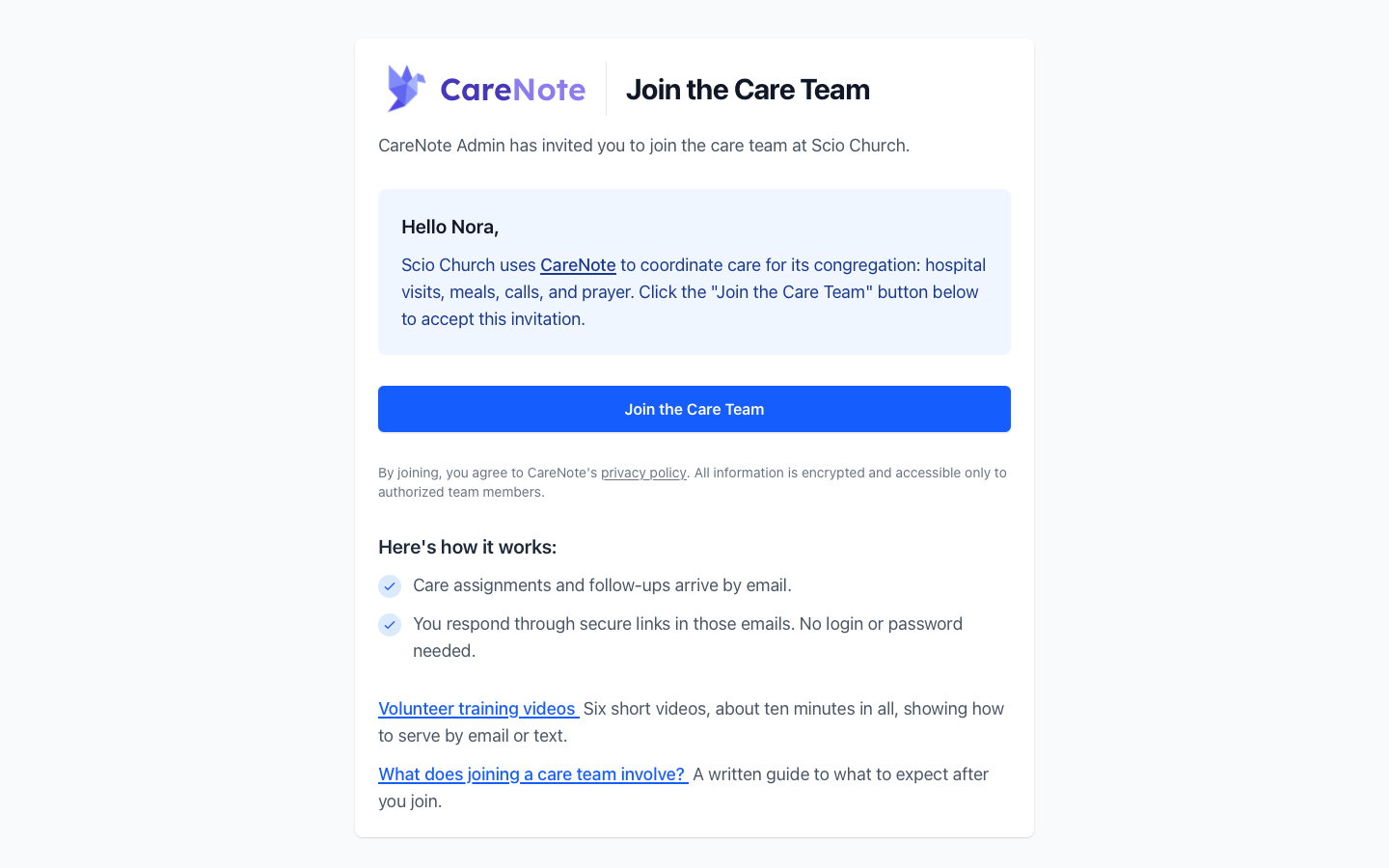 The Join the Care Team invitation with the CareNote masthead, a Join the Care Team button and the Here's how it works box