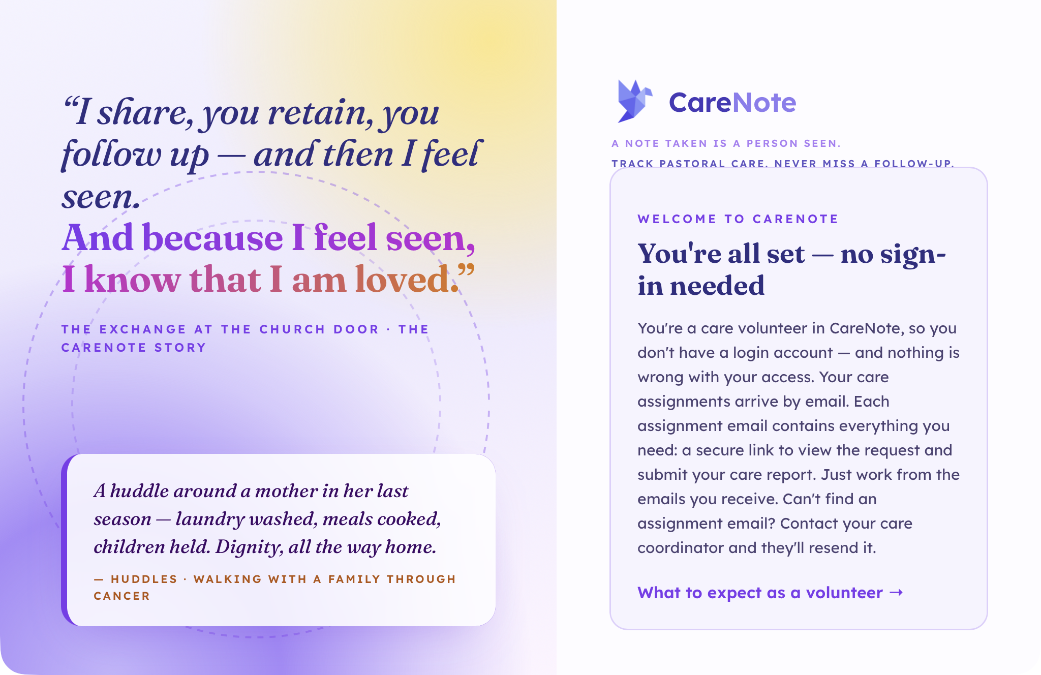 The CareNote sign-in page with a notice that no sign-in is needed