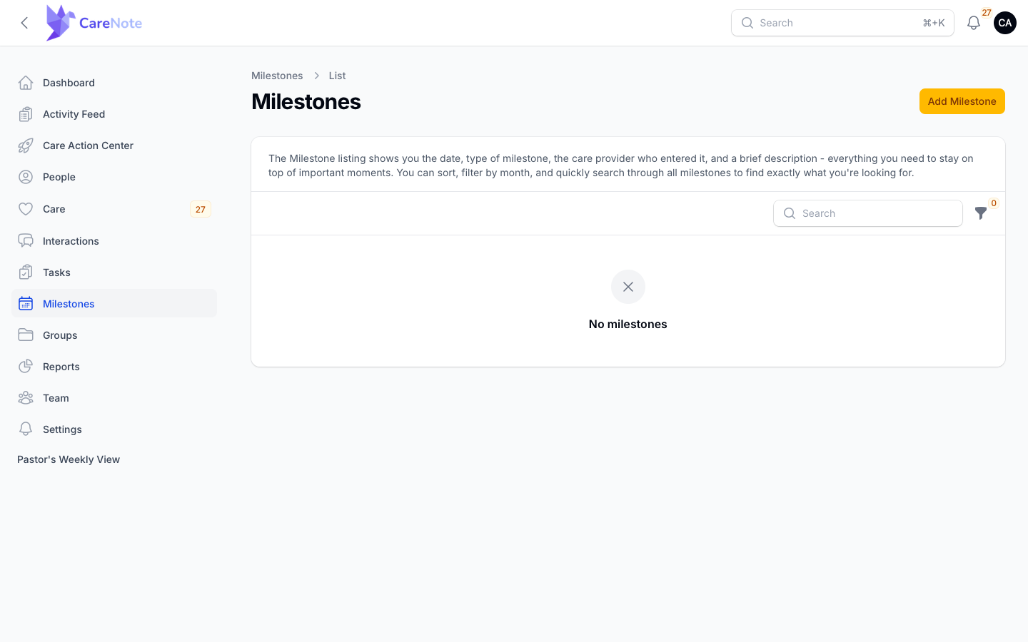 The Milestones list with the No milestones empty state before any dates are added