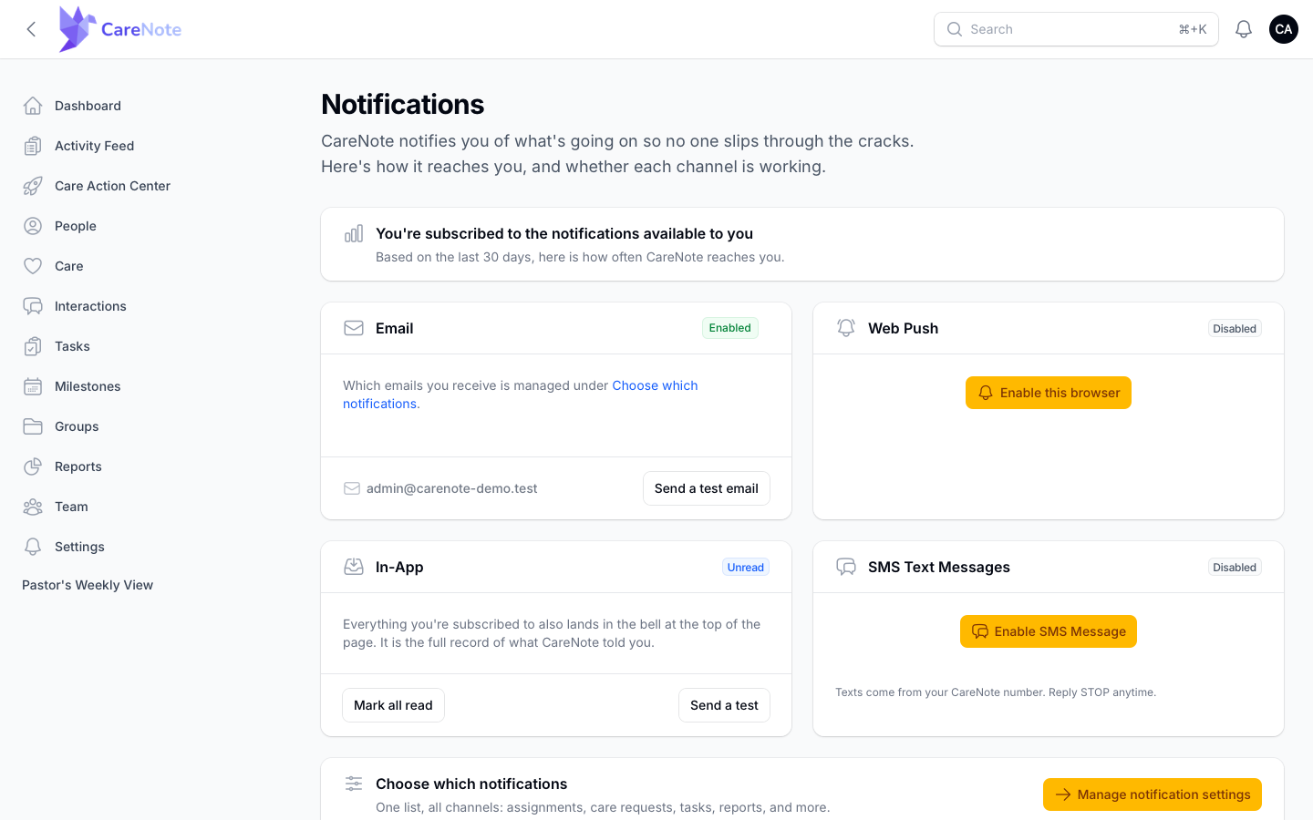 The Notifications hub with cards for Email, Web Push, In-App, and SMS Text Messages