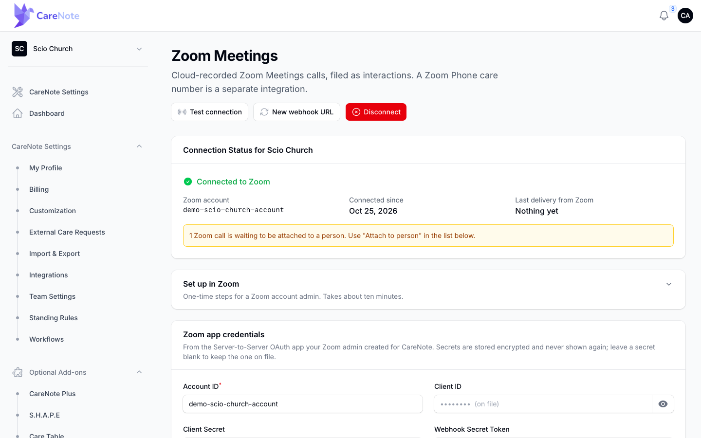 The Zoom Meetings page with the Connection Status section and the header buttons Test connection and New webhook URL