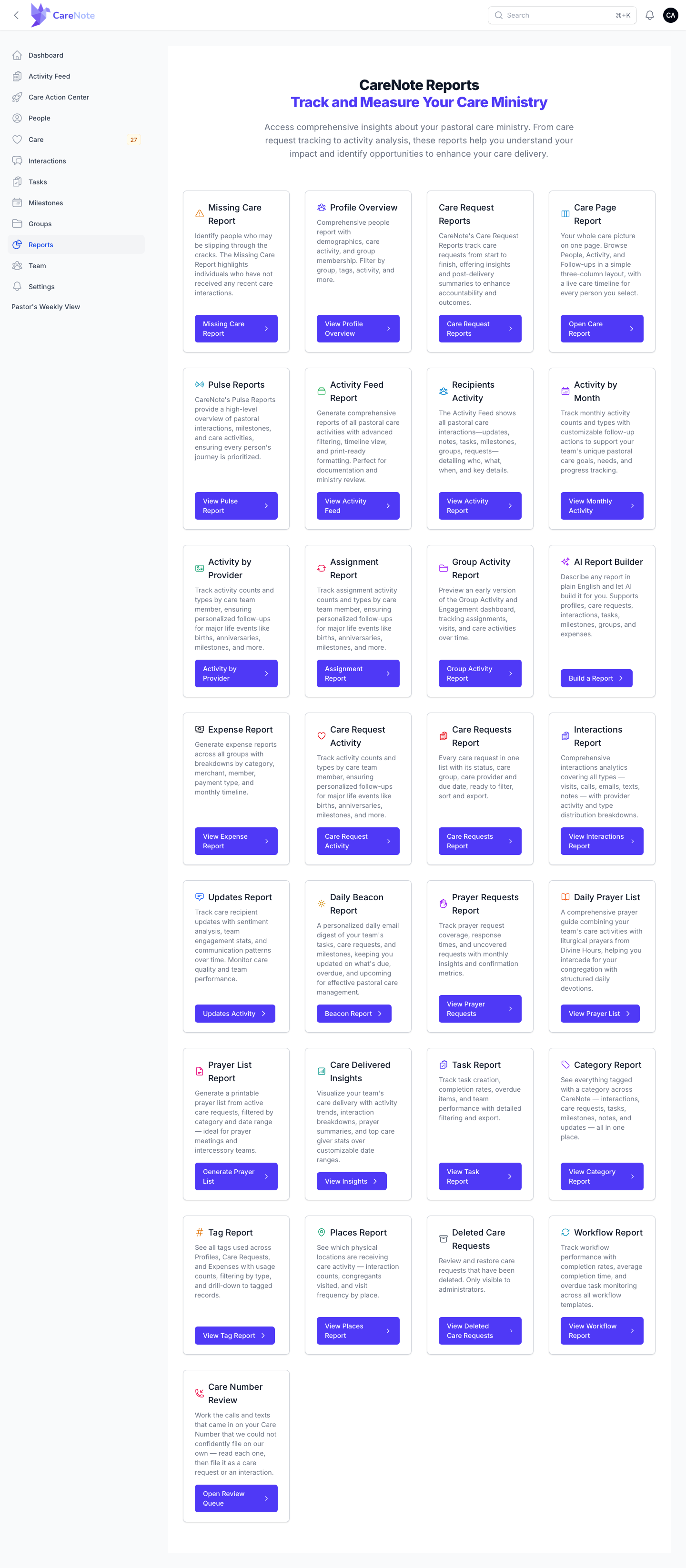 The Reports hub with every report card in a four-column grid