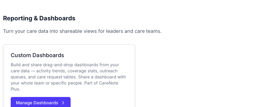 The Settings page with the Reporting & Dashboards card and its Manage Dashboards button