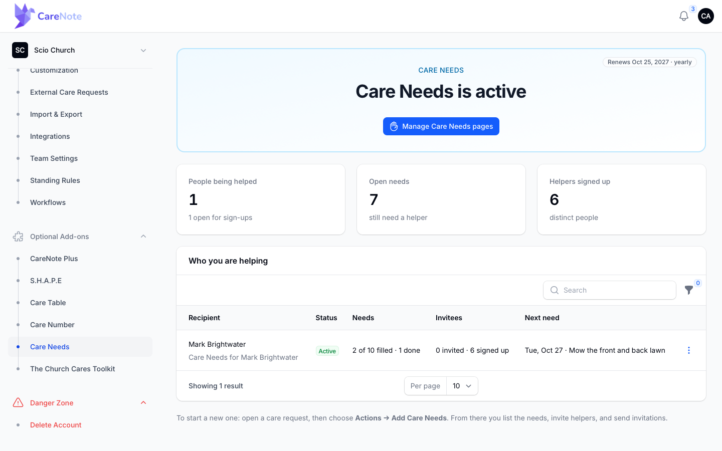 Owner settings Care Needs page showing Care Needs is active and the Who you are helping table