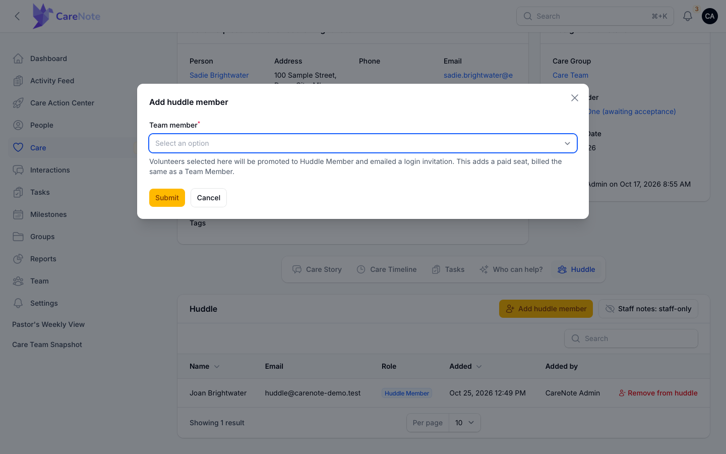 The Add huddle member modal with the Team member field and its helper text