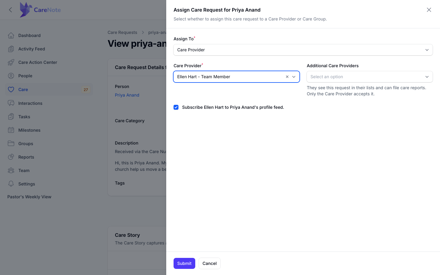 Care Provider branch with a provider picked, Additional Care Providers, and the Subscribe checkbox