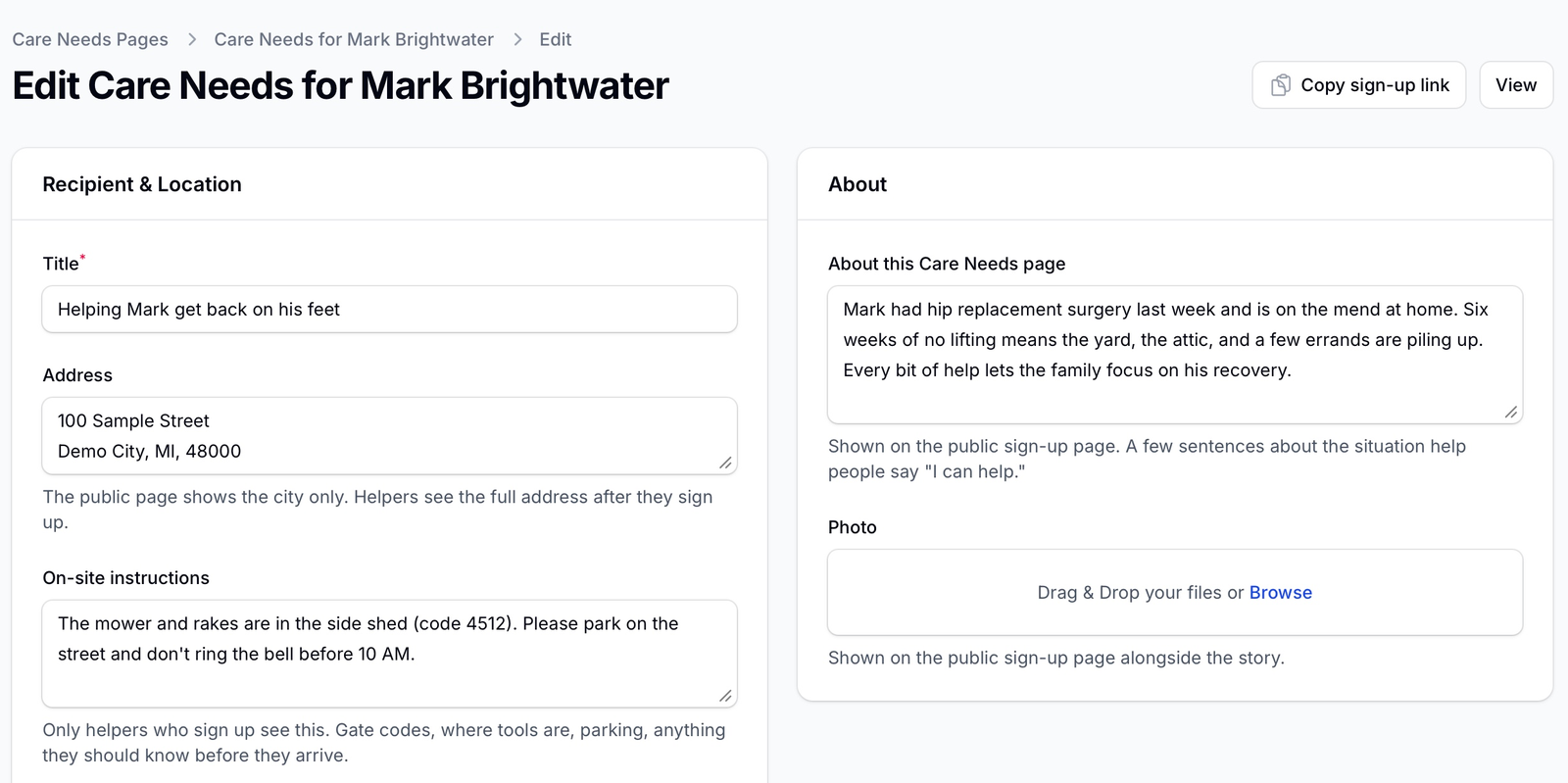 Edit Care Needs form for Mark Brightwater with a title, address, shed code in the on-site instructions, and the About story