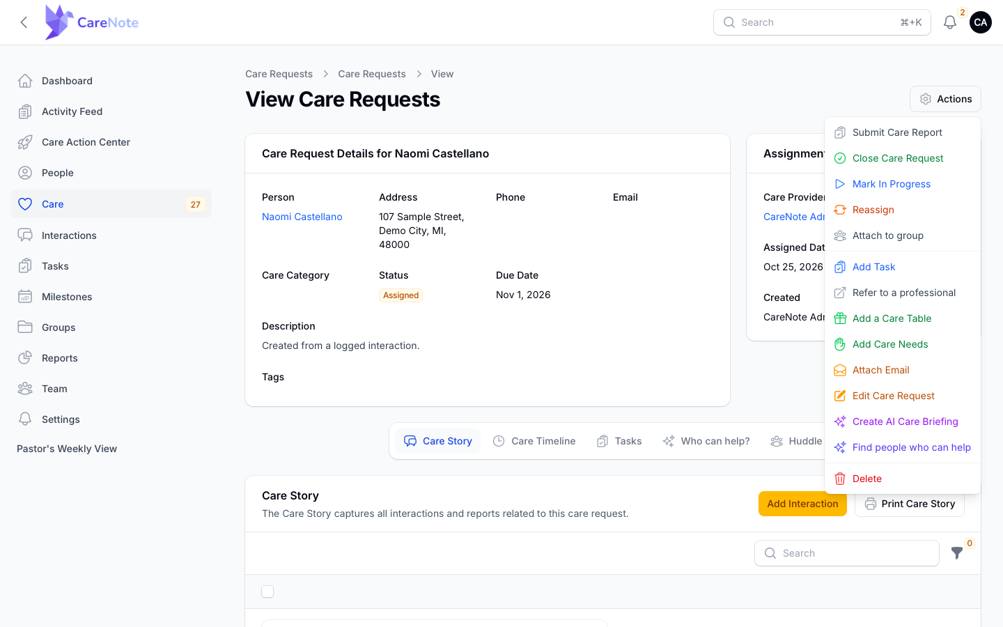 Actions menu on an assigned care request, with Submit Care Report at the top