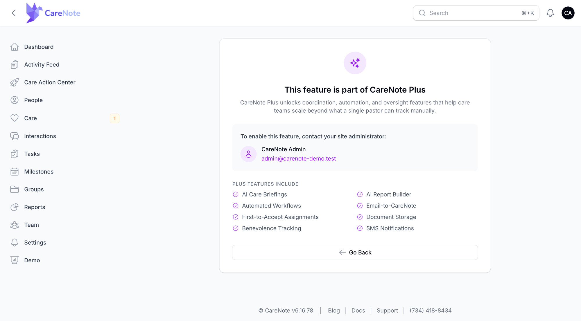 The page non-owners see, with the owner contact and the list of Plus features
