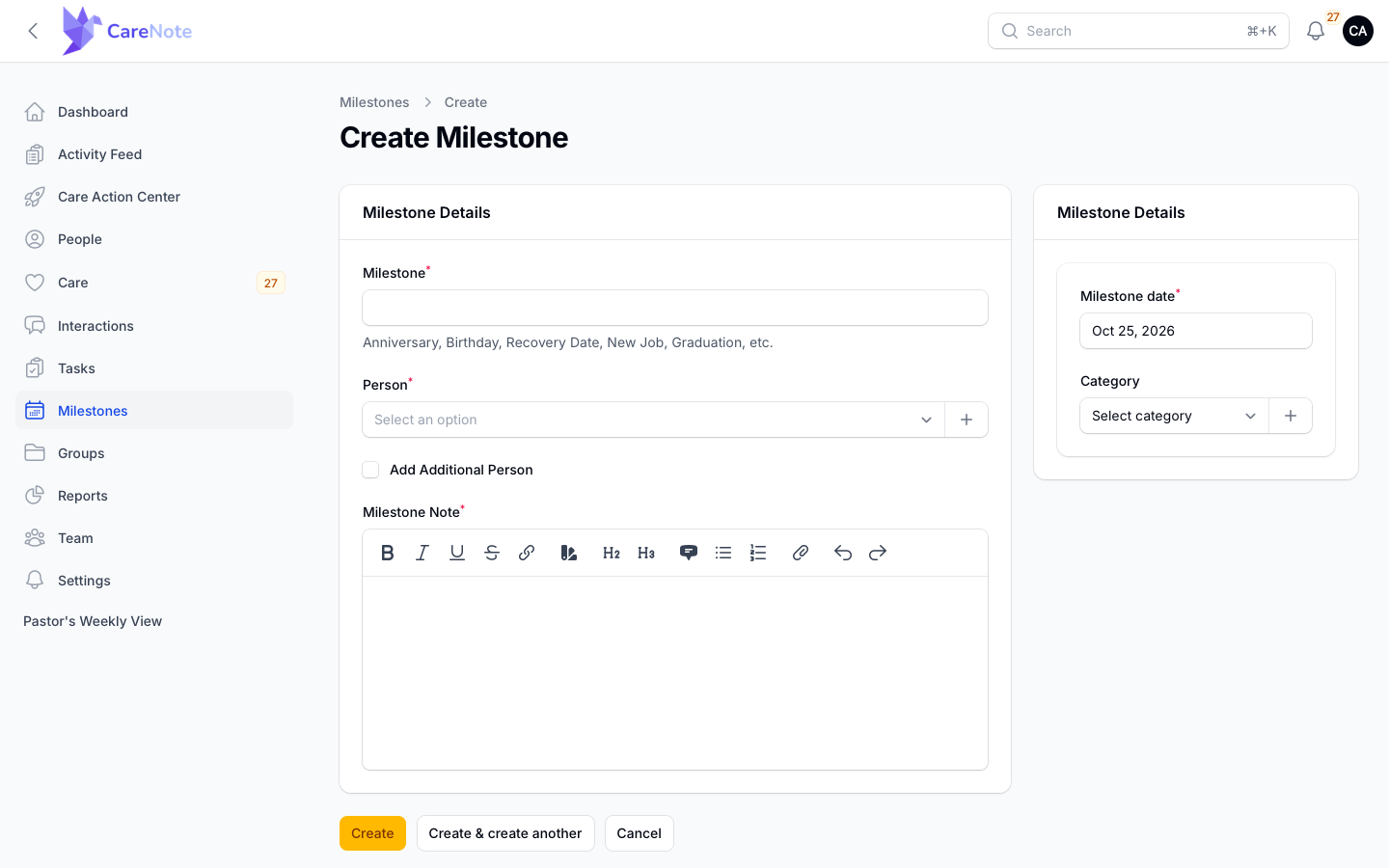 The blank Create Milestone form with a Milestone Details card on the left and the date and category on the right