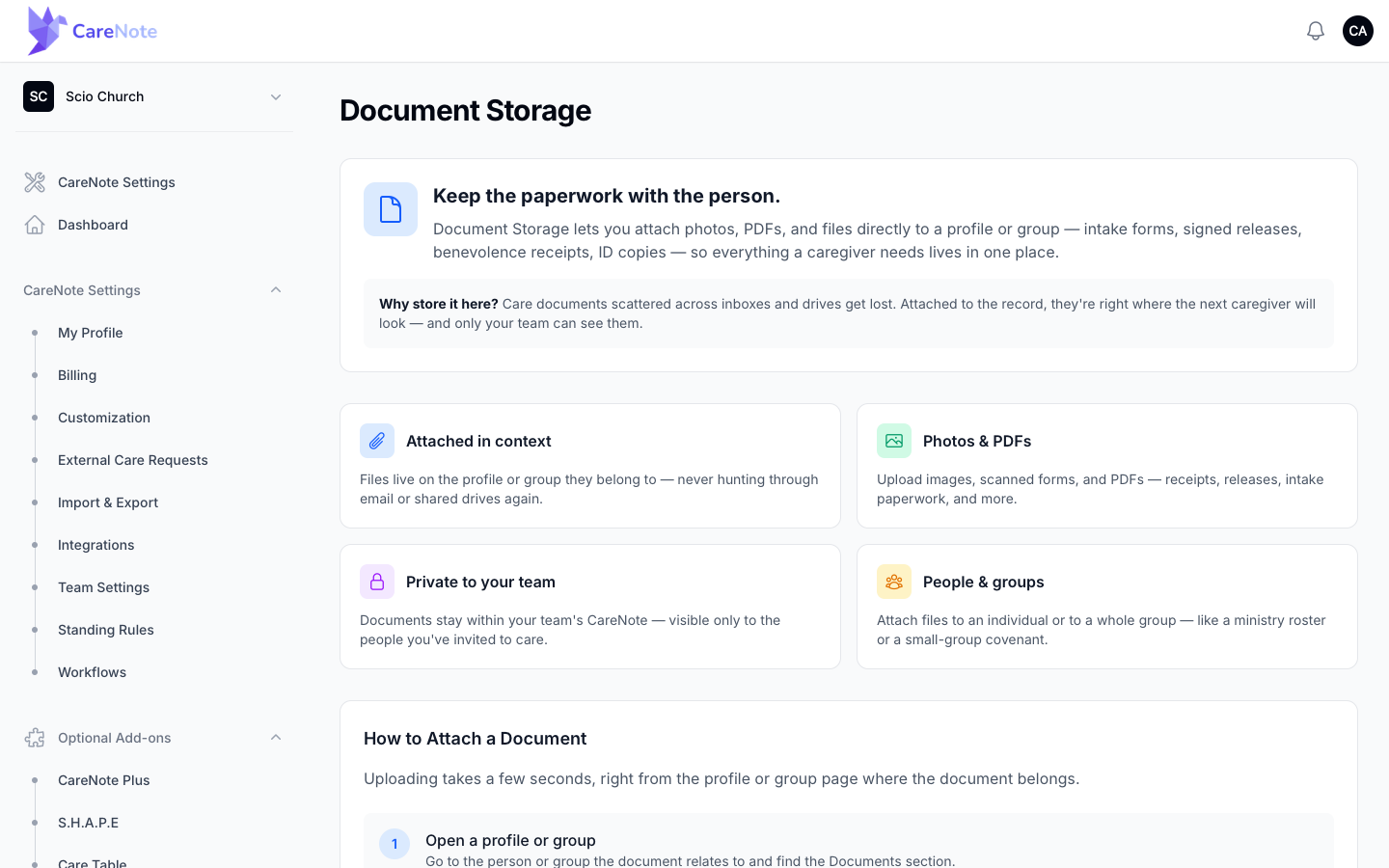 The Document Storage page in team settings explaining the Documents add-on.