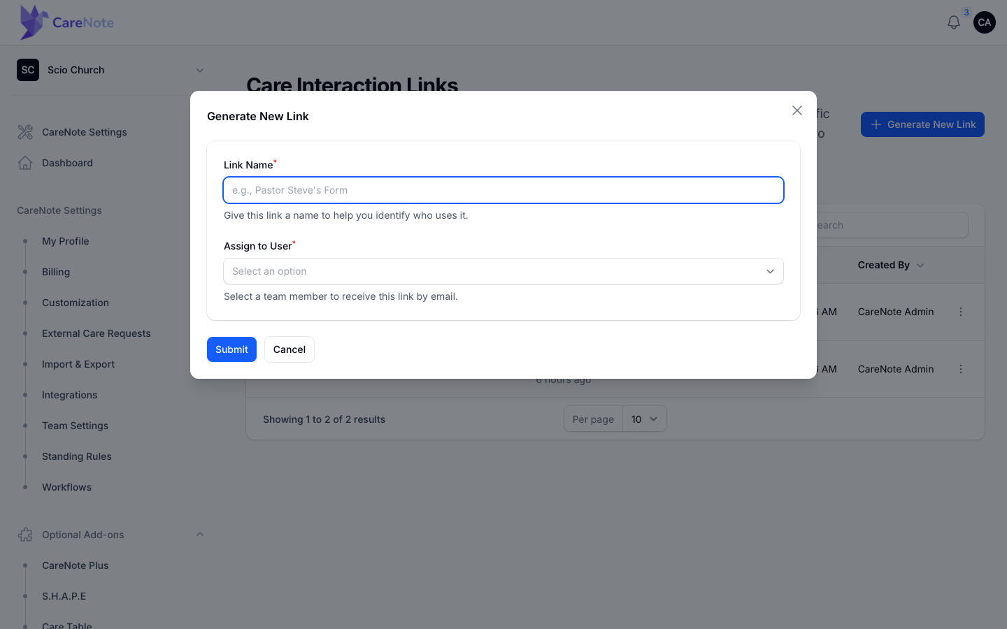 The Generate New Link form with Link Name and Assign to User fields