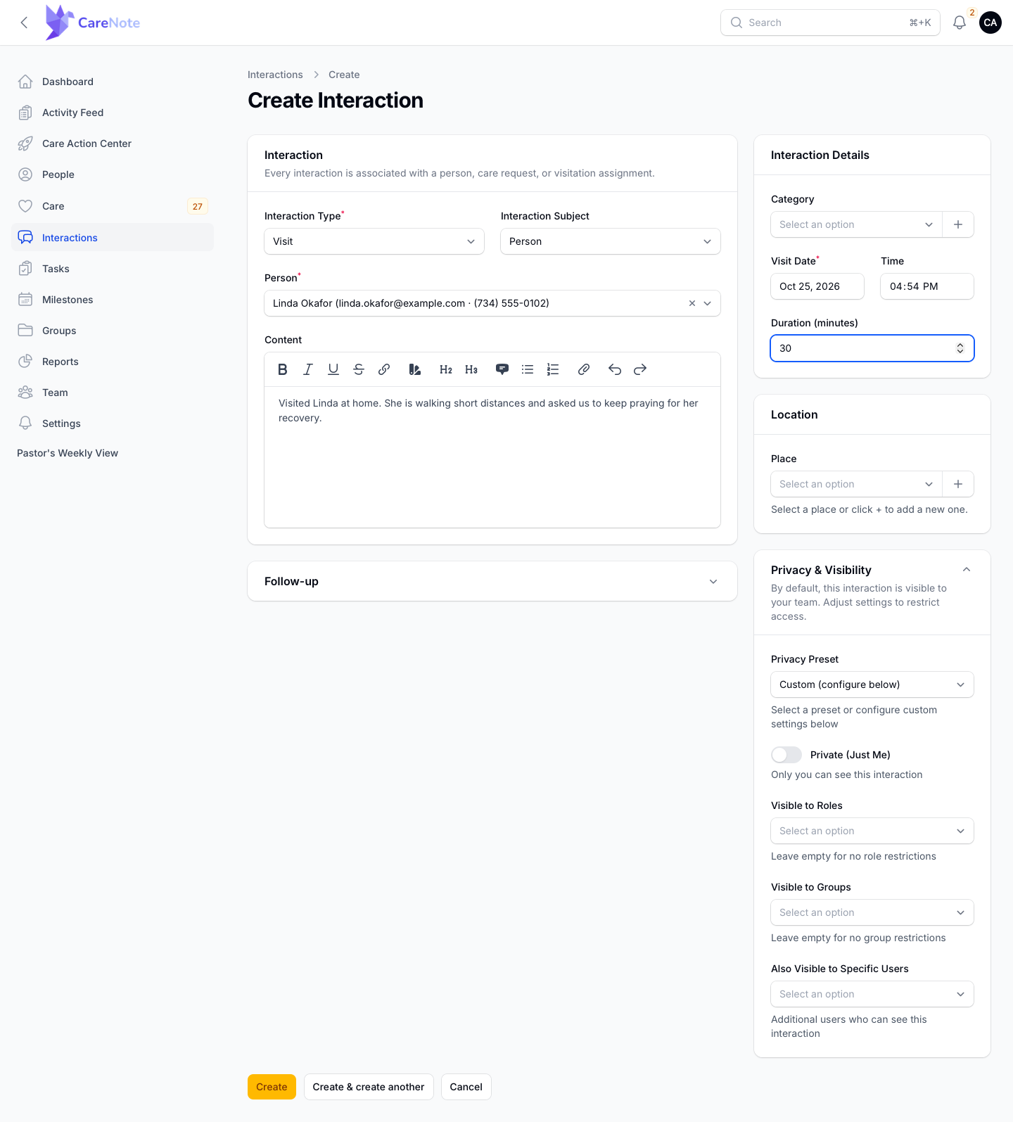 The Create Interaction form for a Visit, with Duration and the Location card filled in on the right