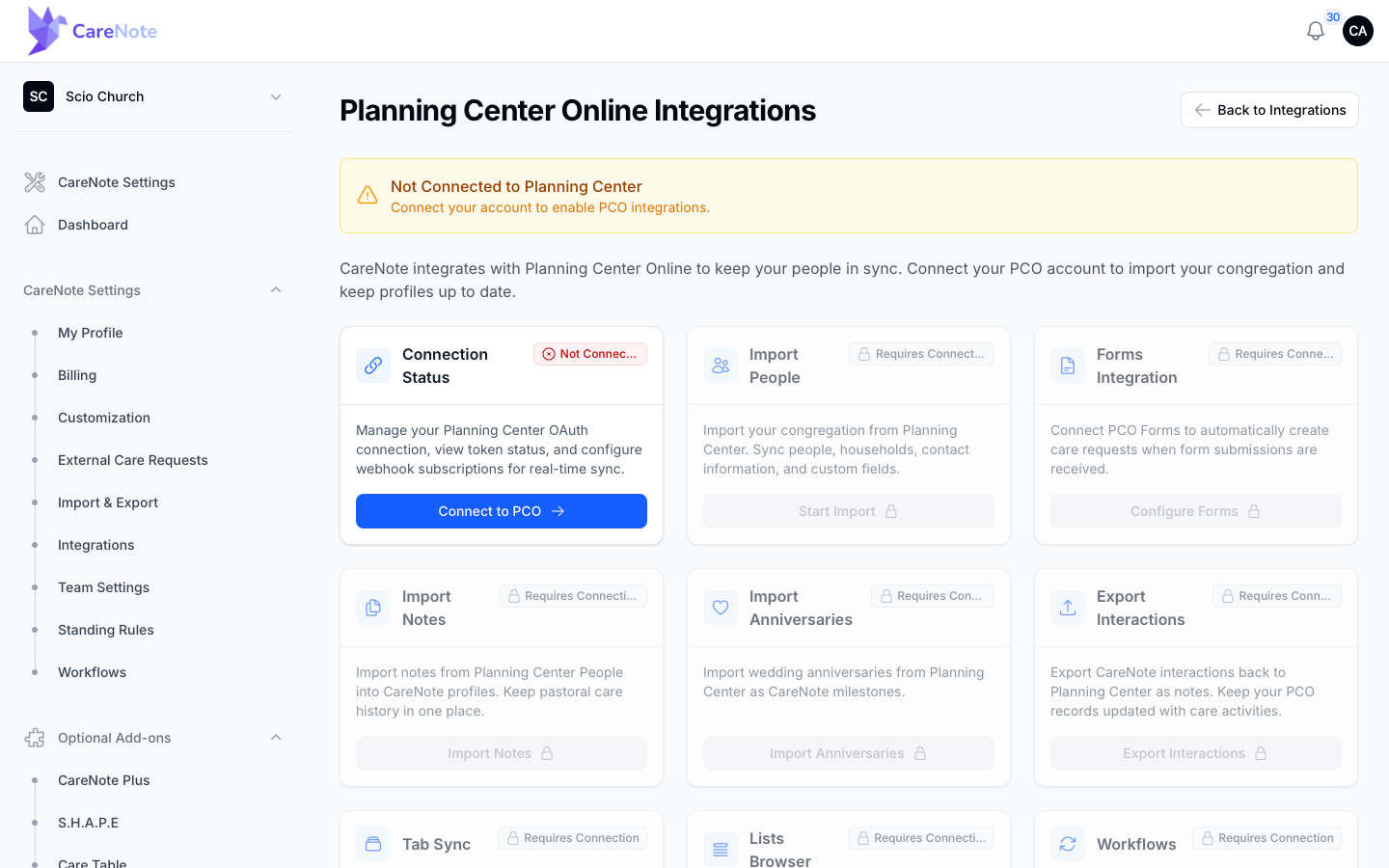 The Planning Center hub before connecting, with an amber Not Connected banner and locked feature cards