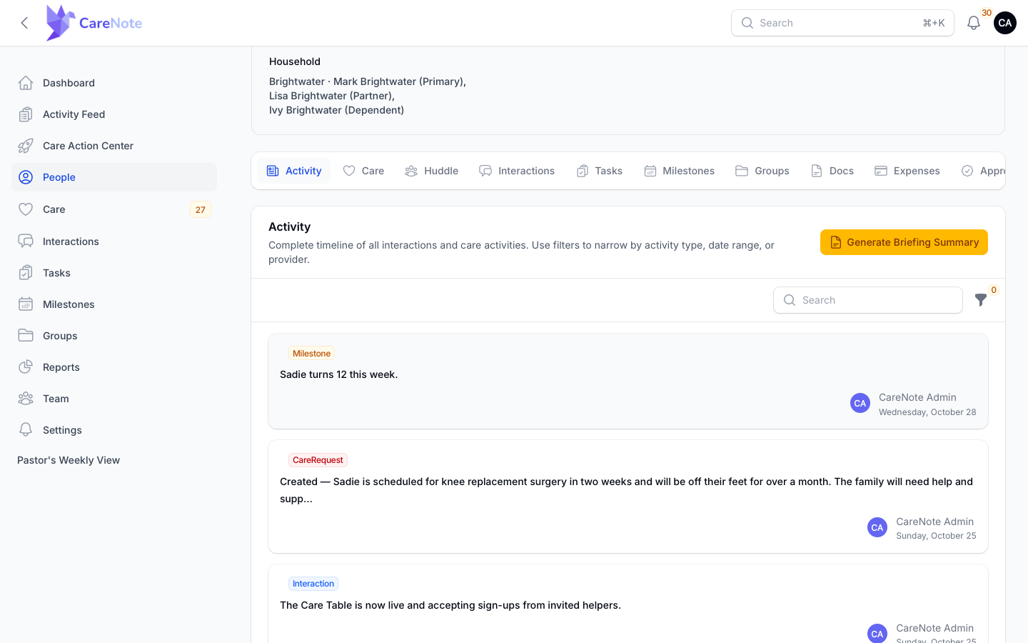 The activity timeline of tasks and interactions that sit under the briefing button.
