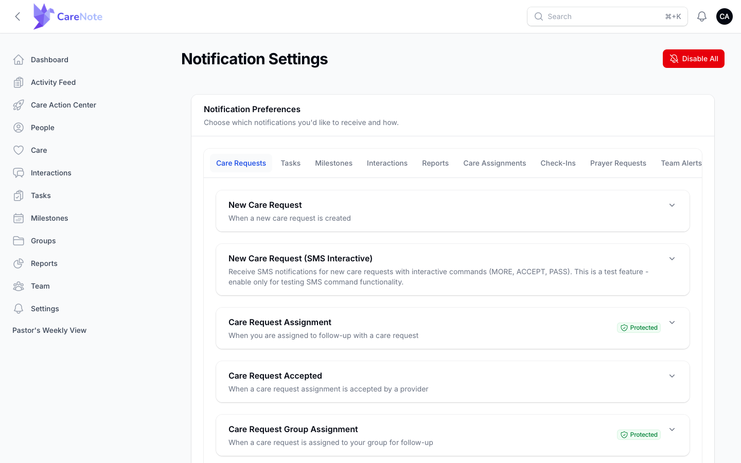 Care Requests tab with green Protected badges on rows
