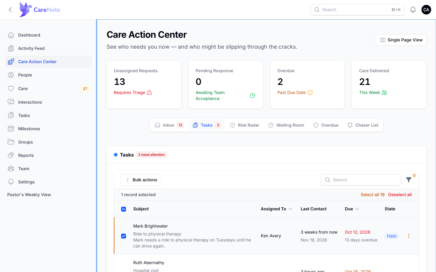 The Tasks tab with Subject, Assigned To, Last Contact, Due, and State columns and one row selected