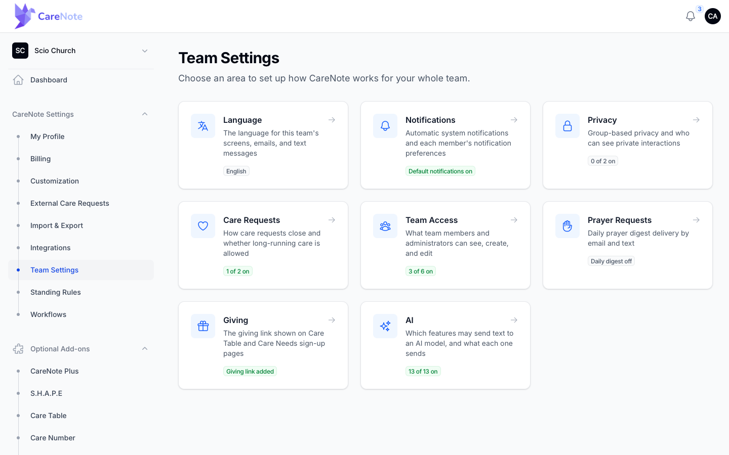 The Team Settings hub with eight cards and a status pill on each