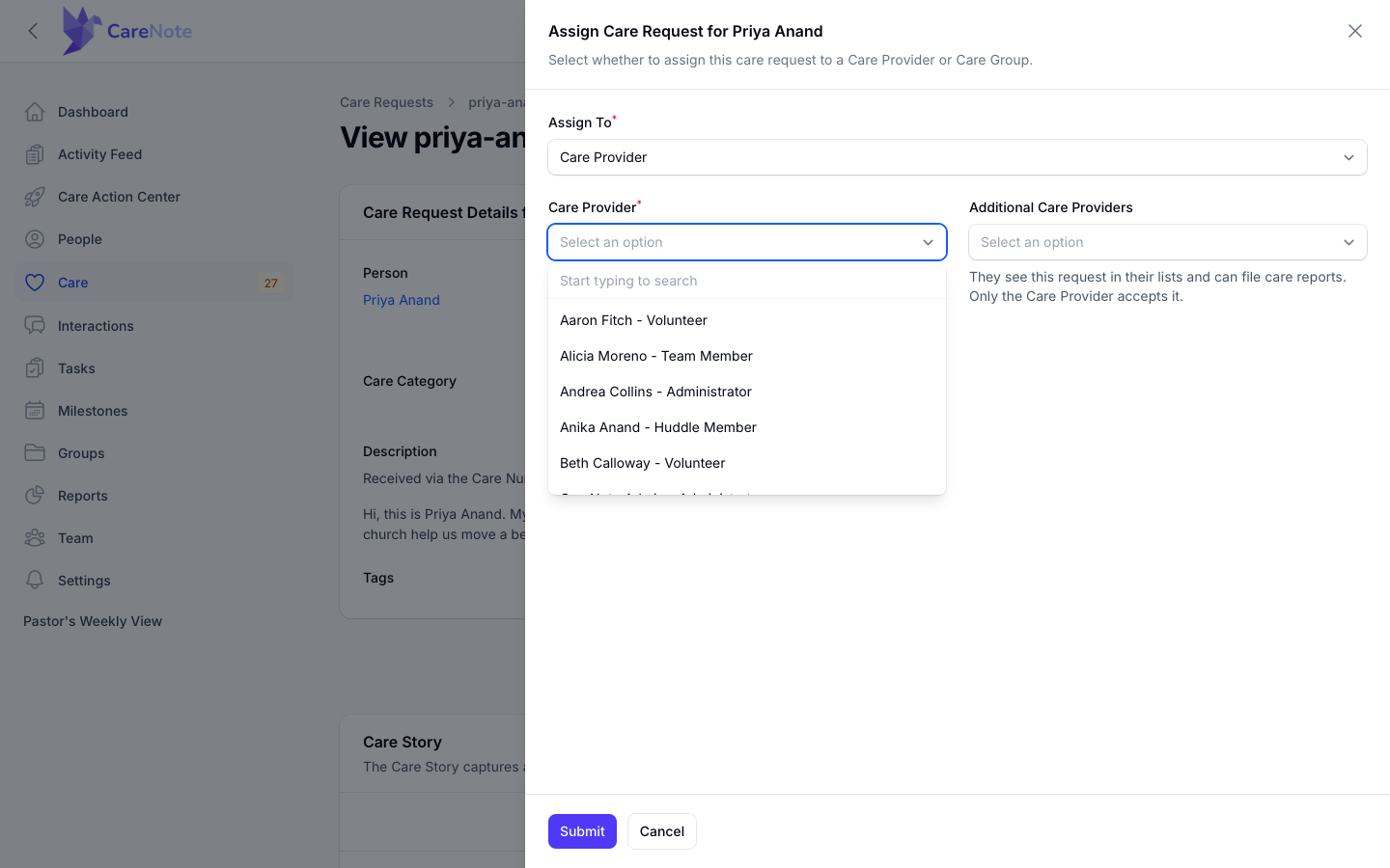 Care Provider dropdown open, with each option showing a name and a role
