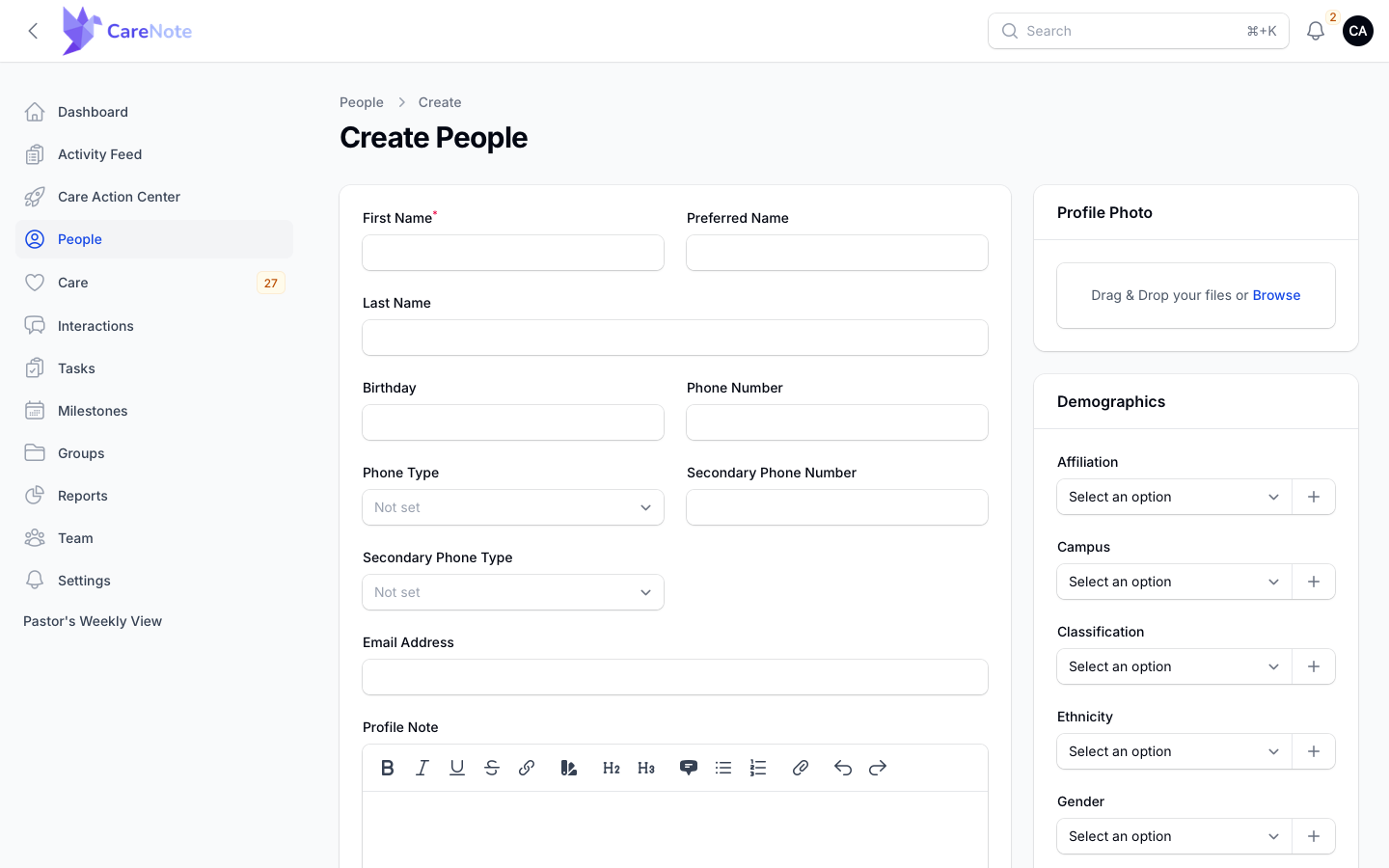 Create People form with phone types, profile note and Demographics fields