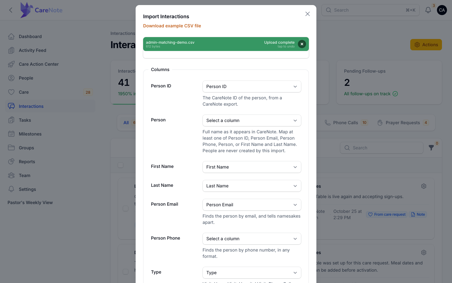 The Columns box after upload, with Person ID, First Name, Last Name and Person Email already matched