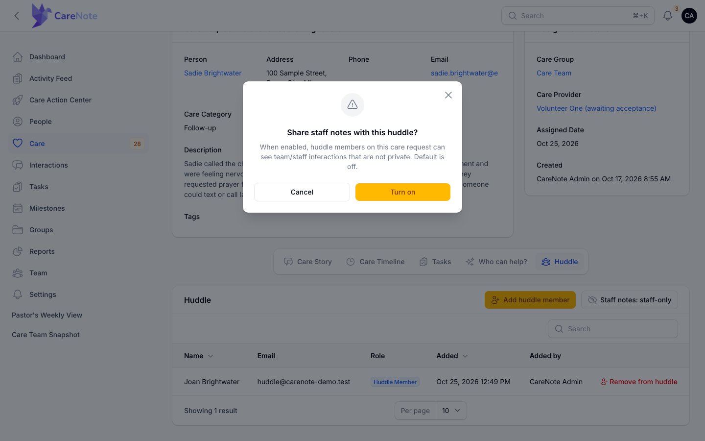 The Share staff notes with this huddle confirmation with Cancel and Turn on buttons