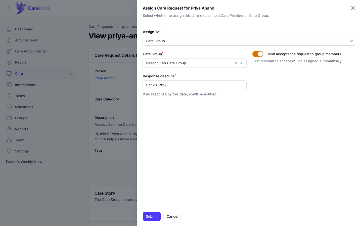 Care Group branch with a group picked, the acceptance request toggle on, and a Response deadline