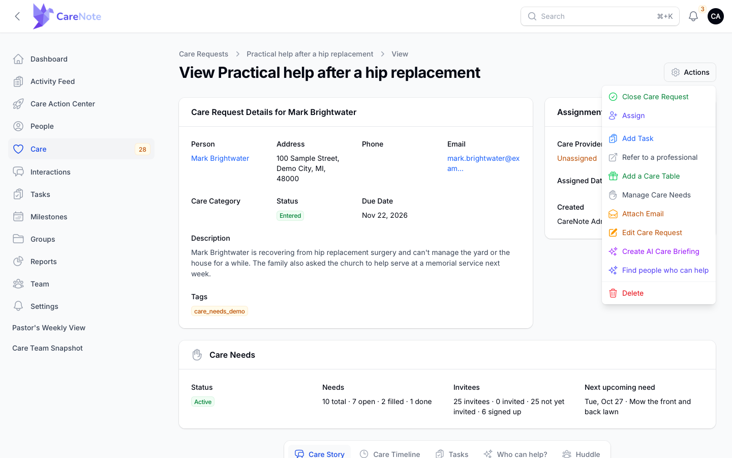 Care request Actions menu with Manage Care Needs below Add a Care Table