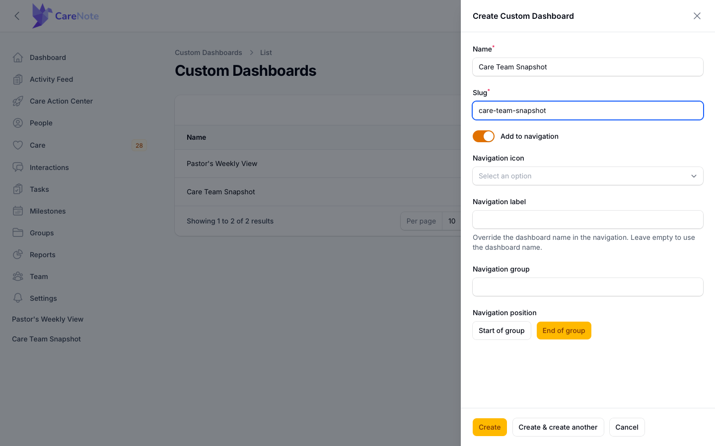 The Create Custom Dashboard slide-over with Name, Slug and the navigation options filled in