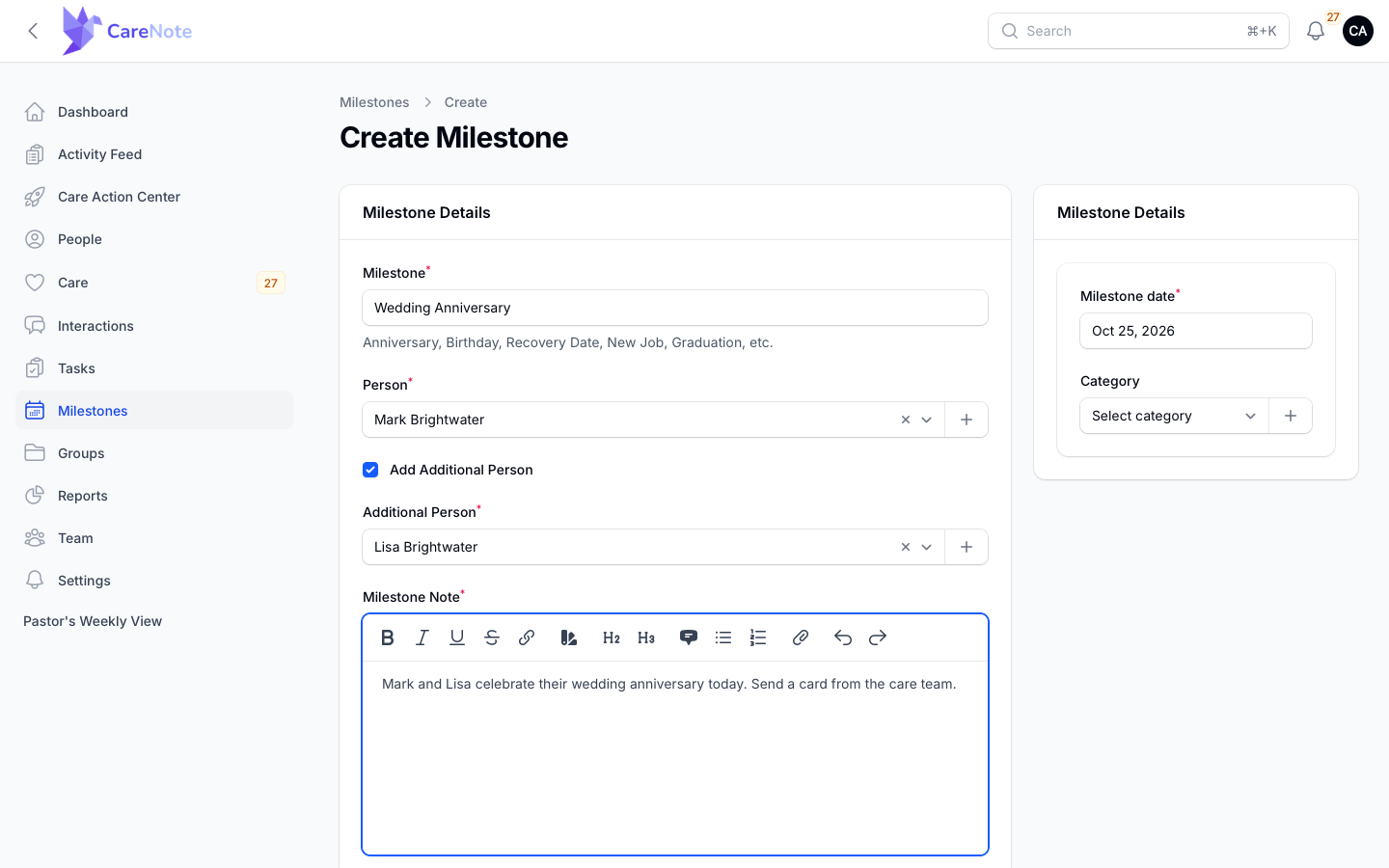 The create form with Add Additional Person checked and Mark and Lisa Brightwater selected