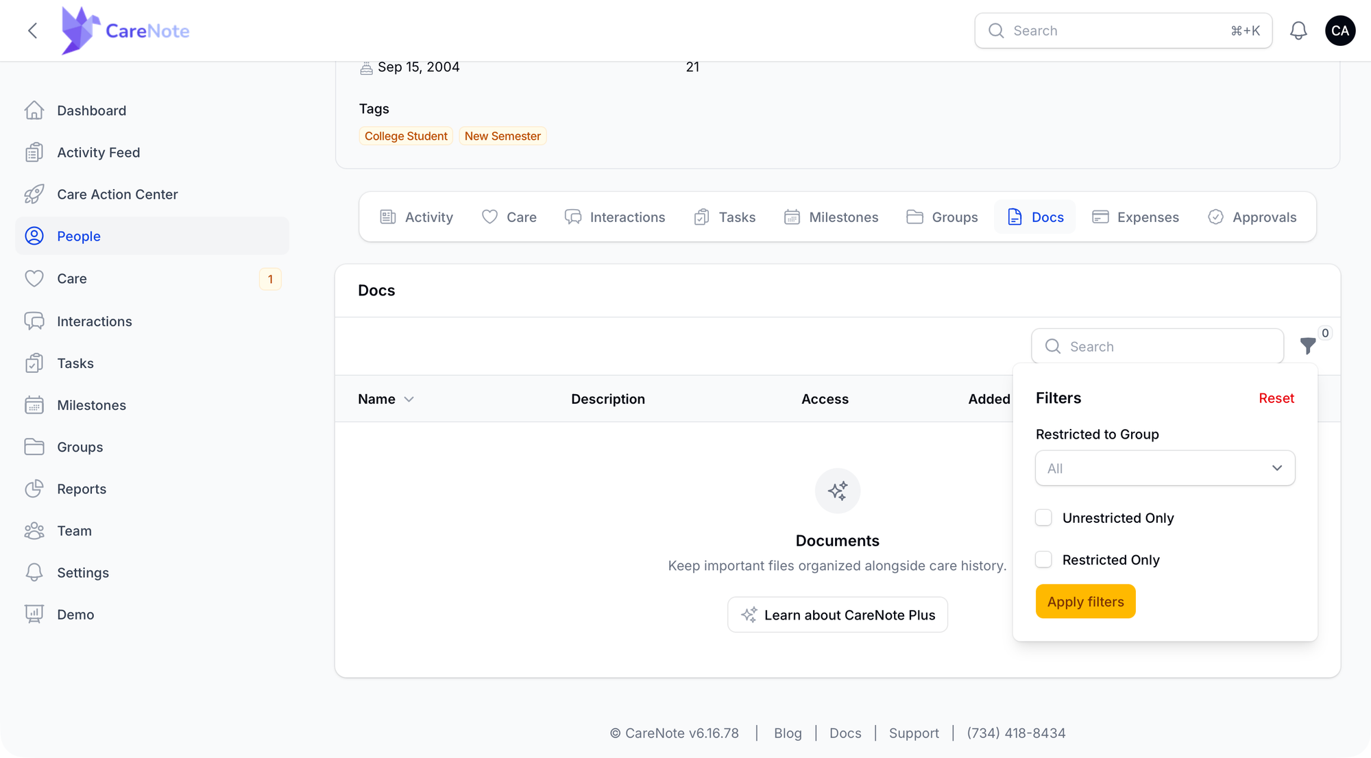 The Docs tab filter panel with Restricted to Group, Unrestricted Only, and Restricted Only options.