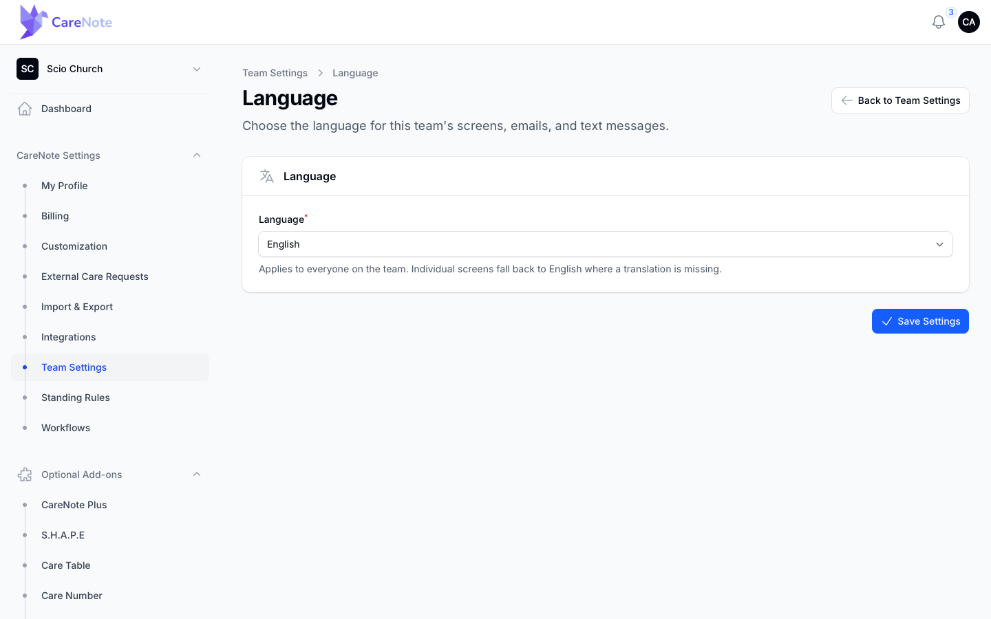 The team Language page with a required Language select