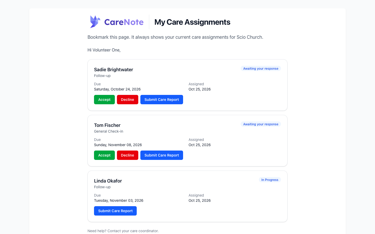 My Care Assignments listing three care request cards, two awaiting a response and one in progress