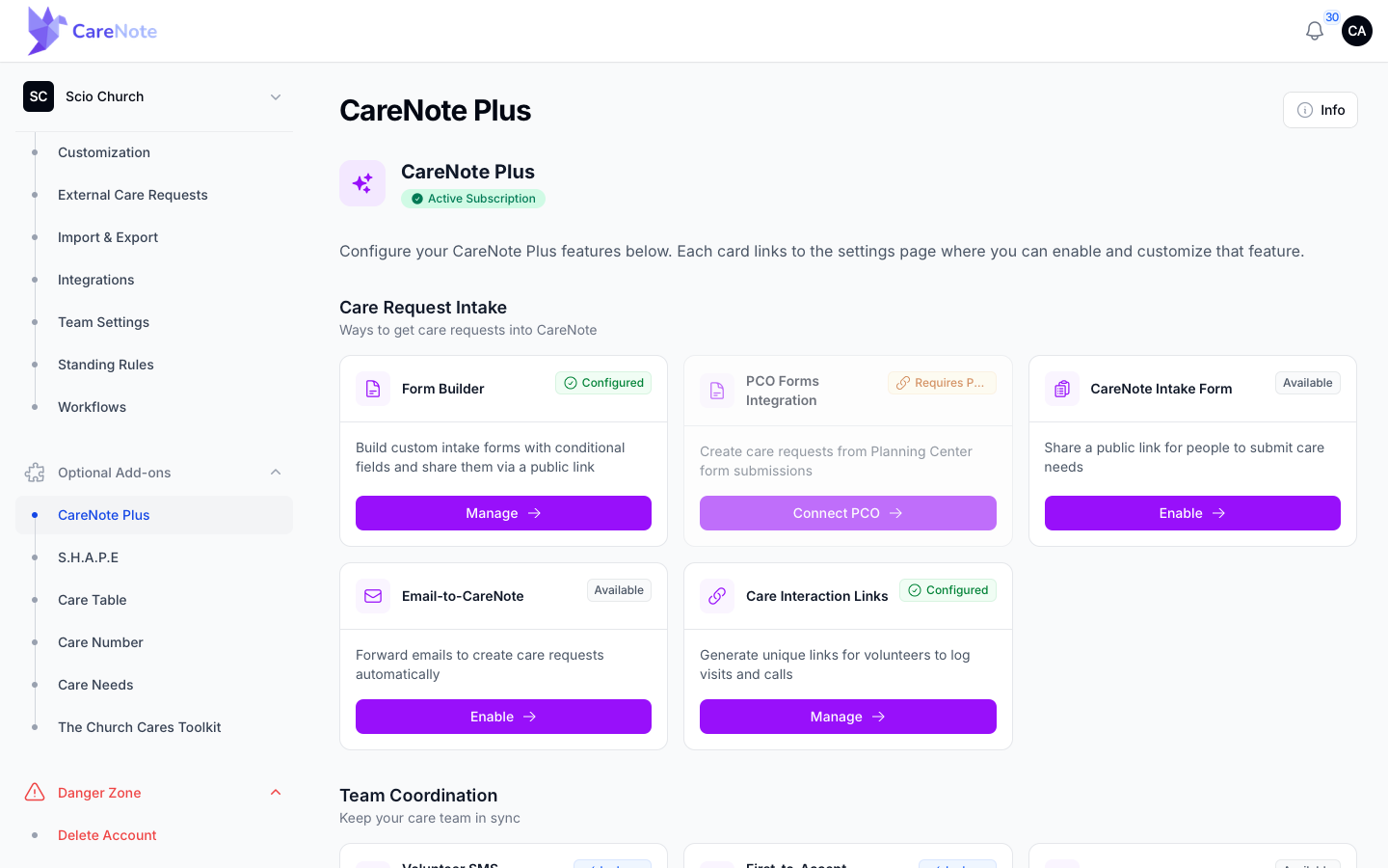 The Plus management dashboard showing Care Request Intake cards